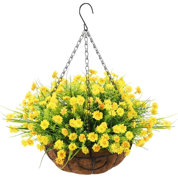 Artificial Daisy Flower in Basket, Hanging Flowers Basket Centerpieces, Outdoors & Indoors Flowers in Coconut Lining Hanging Baskets for The Decoration of Courtyard (Blend Color)