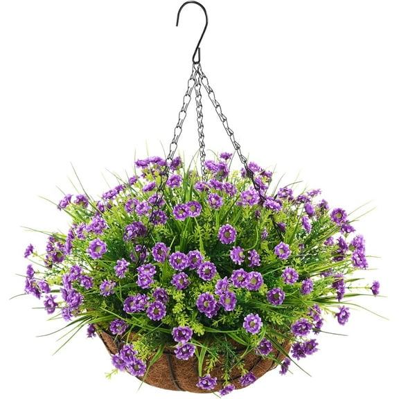 Artificial Daisy Flower in Basket, Hanging Flowers Basket Centerpieces, Outdoors & Indoors Flowers in Coconut Lining Hanging Baskets for The Decoration of Courtyard (Blend Color)