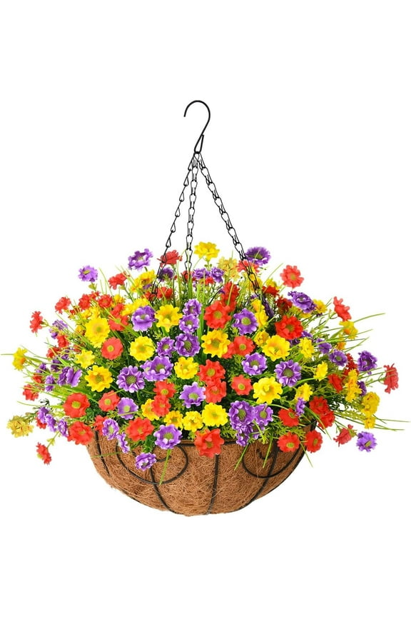 Artificial Daisy Flower in Basket, Hanging Flowers Basket Centerpieces, Outdoors & Indoors Flowers in Coconut Lining Hanging Baskets for The Decoration of Courtyard (Blend Color)