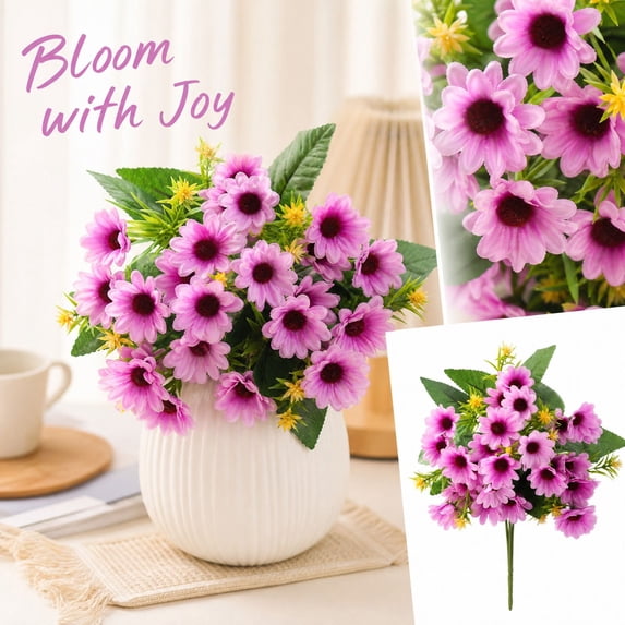 Pink Daisy Print Artificial Daisy Flower Bouquet with Silk Petals and Green Leaves, 1 ...