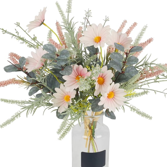Artificial Daisy Flowers Fake Spring Flowers Eucalyptus Leaves Bouquet Silk Flower Arrangements for Home Indoor Vase Table Centerpieces Party Decor (Pink)