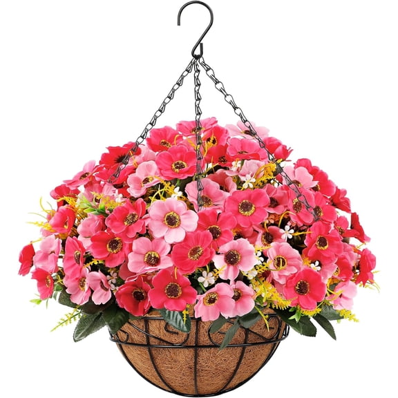 Artificial Daisy Fake Flowers Outdoor Indoor Patio Lawn Garden Hanging Basket with Chain Flowerpot