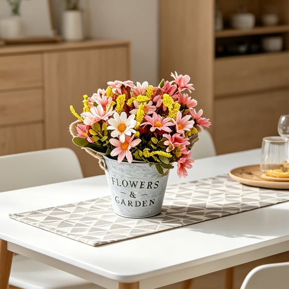 Artificial Daisy Potted Plant in Rustic Metal Tin Bucket, Vintage Galvanized Fabric Flowers, Multicolor Faux Floral Arrangement for Farmhouse Table Kitchen Windowsill Home Office Decor