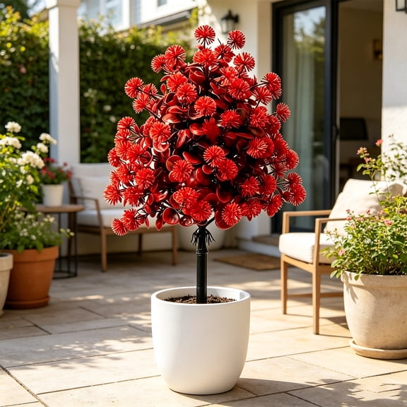 Artificial Dandelions Ball Topiary Tree with Ground Stake for Garden Decor - Fake Outdoor Plants Decoration, Plastic Faux Flowers for Porch Yard Patio Balcony Courtyard Farmhouse, 18 Inch, 1 Pack