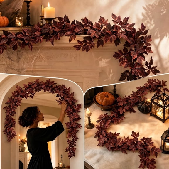 Artificial Dark Red Leaf Garland Halloween Fall Seasonal Waterproof Outdoor 2 Pack 70.1 Inch