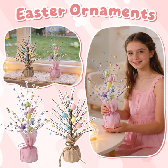 Artificial Decorative Easter Egg Tree Centerpiece with Wrapped Base and Multicolored Foam Ornaments for Tabletop Display
