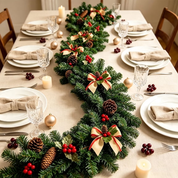 Artificial Dense Christmas Garland, Pre‑Decorated Thick Xmas Green Garland with Pine Cones, Red Berries and Bows, Holiday Hanging Decoration for Mantel, Staircase, Fireplace, Front Door