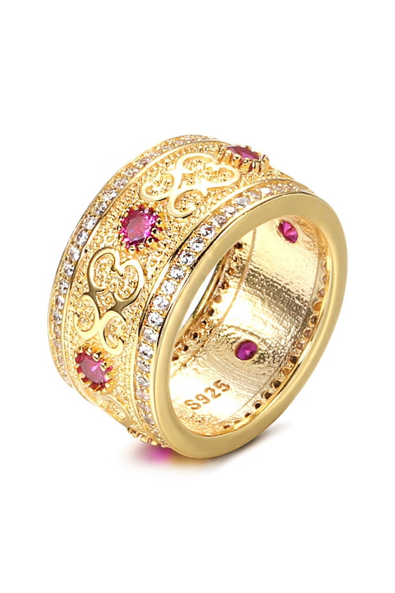 Womens Copper Ring With Gold Plated Inlay Artificial Diamond And Ruby Geometric Travel Souvenir Gift European Ring