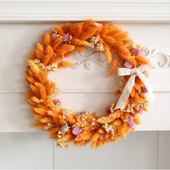 Artificial Dog Tail Grass Wreath with Lace Bow - 14" Fade-Resistant Decor for Door, Wall, Wedding, Indoor & Outdoor Orange