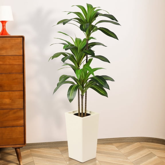 HiPlants 5 FT Artificial Dracaena Plant, Faux Dracaena Tree in White Taper Planter with River Rock, Tall Fake Trees with Adjustable Branches for Indoor Home Decor, Office, Pet-Friendly Spaces