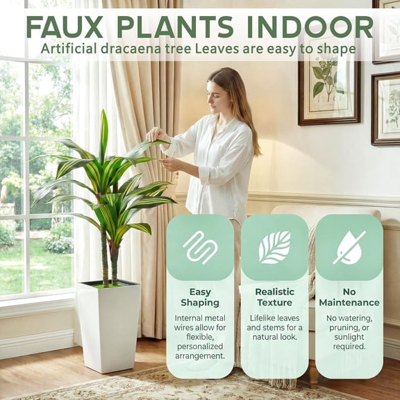 Artificial Dracaena Tree 4FT Fake Tree Indoor with White Tall Planter, Real Touch Dracaena, Tall Artificial Plants Indoor for Living Room Porch Décor Office