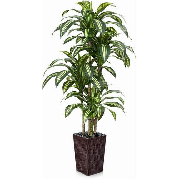 Artificial Dracaena Tree 6FT - UV Resistant Faux Tree with Large Taper Planter & Pebbles - Tall Fake Plants Indoor & Outdoor, Potted Floor Plant for Home Living Room Porch Decor, VN127