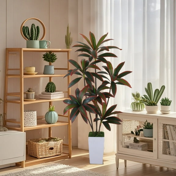 Artificial Dracaena Tree, Artificial Plants Indoor with Planter, Tropical Fake Plant in Pot with Adjustable Branche & Leaves, Faux Dragon Tree for Home Decor Office Living Room Porch Patio