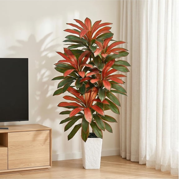 Artificial Dracaena Tree Red, 6FT Tall Plant White Planter | Artificial Plants Indoor with Silk Leaves | Large Fake Yucca Tree for Living Room Office Decor