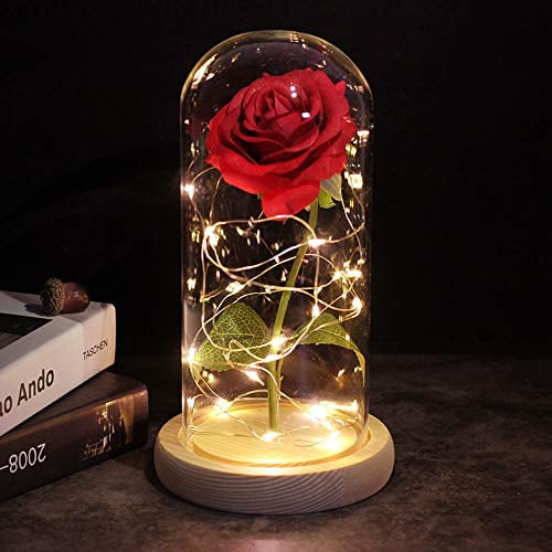 Artificial and Dried Flower Brown Base with Red Rose in A Glass Dome LED Fairy Flower Lights Wedding Party Valentine's DayFor MOM - ( Color: Wood Base )