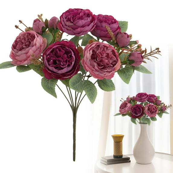 Artificial Dried Look Fall Peony Flowers 1PC 12.6in Tall Burgundy Vintage Silk Peony Bouquet Realistic Fake Peonies Floral Stems for Autumn Home Wedding Vase Centerpieces Arrangements Decor(7 Peony)
