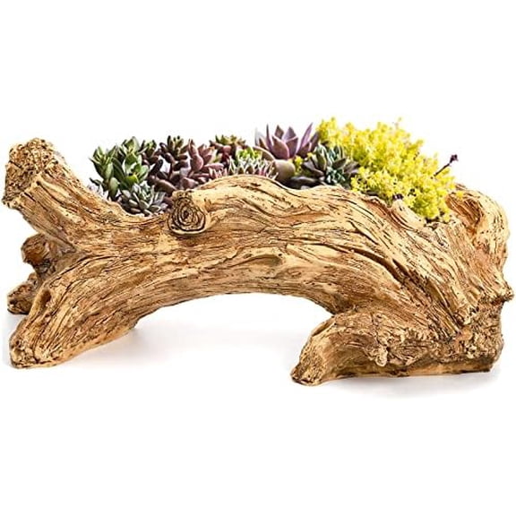 Artificial Driftwood Succulent Planter, Resin Tree Stump Sculpture Rustic Cactus Flower Pot for Herb, Strawberry, Small Plants, Natural Color Drainage Hole, 14.6" L x 4.3" W x 5.1" H