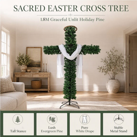 Artificial Easter Cross Tree, 6FT Evergreen Pine Cross-Shaped Tree with White Drape Cloth & Metal Stand, Religious Easter Holiday Decor for Churches and Homes