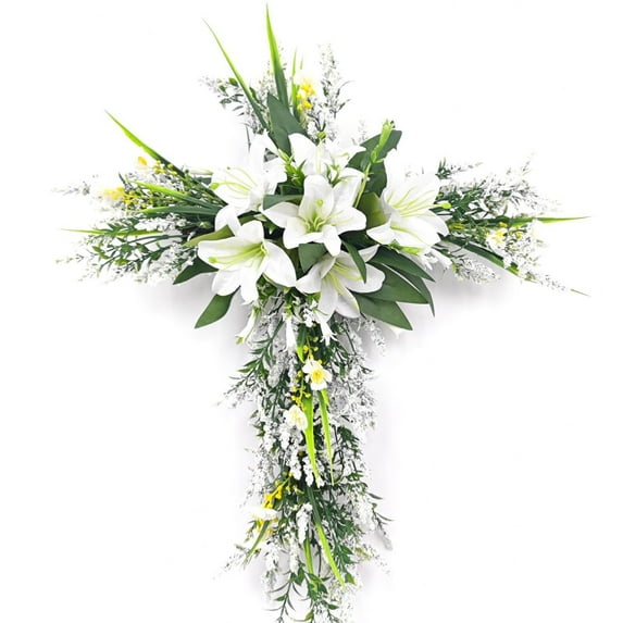 Artificial Easter Cross Wreath with White Lilies and Greenery, Religious Door Wall Hanging Decoration for Home Porch Window Spring Holiday Decor