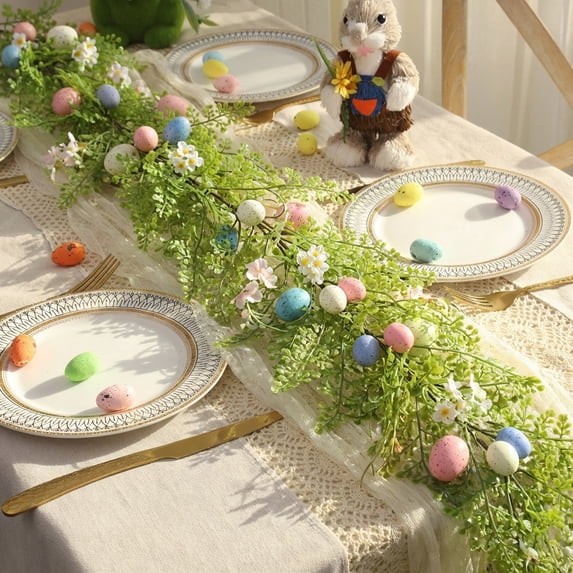Artificial Easter Egg Garland with Speckled Eggs and Daisy Flower, Spring Greenery Leaves Garlands, Hanging Lvy Vine for Mantle Fireplace Home Table Holiday Decor (A)