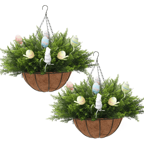 22-Inch 2PCS Artificial Easter Hanging Basket - 24 Cedar Branches, 12 Decor Eggs & 2 Bunnies - Spring Porch Decor for Patio, Home, Indoor/Outdoor