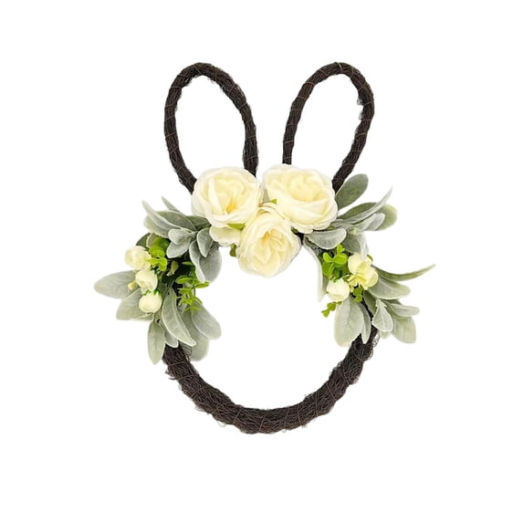 Artificial Easter Wreath - Bunny-Head Shaped Grapevine Wreath with Rose Flowers, Green Leaves, Berry & Bow for Farmhouse Spring Front Door, Wall, and Window Decor
