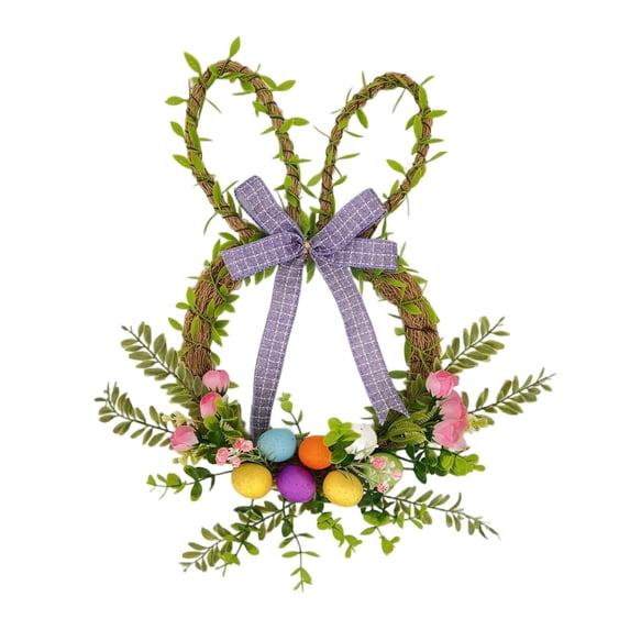 Artificial Easter Wreath - Bunny-Head Shaped Grapevine Wreath with Rose Flowers, Green Leaves, Berry & Bow for Farmhouse Spring Front Door, Wall, and Window Decor