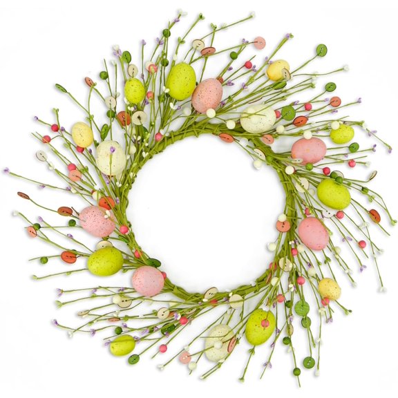 Artificial Easter Wreaths for Front Door Easter Egg Wreath with Colorful Eggs,Berry,Wooden Button for Front Door Indoor Outdoor Farmhouse Home Wall Window Festival Wedding Decor