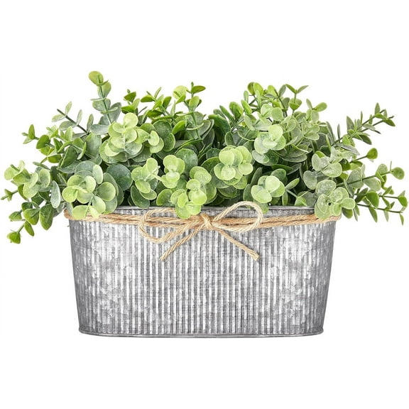 Artificial Euc Faux Plants Indoor for Farmhouse Home Decor Fake Potted in Rustic Rectangular Pots Table Centerpiece Office Bath Living Room Greenery Decor, 7" L x 4" H