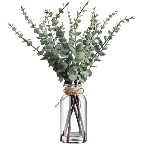 Artificial Euc Stems in Glass Vase with Hemp Rope and Faux Water 17.5inches Table Decorations Fake Greenery Plants Leaves for Farmhouse Livingroom Bathroom, Light Green