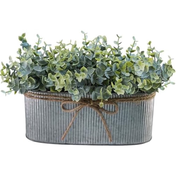 Artificial Eucalyptus Arrangement in Rustic Oval Galvanized Metal Planter Box Faux Eucalyptus Bush Greenery Potted Plants for Farmhouse Indoor Home Office Table Centerpiece Kitchen Dcor