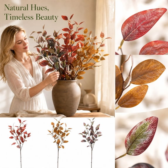 Artificial Eucalyptus Branch with Red Leaves, Farmhouse Fall Decor, Fall Table Centerpiece, 1 Pack