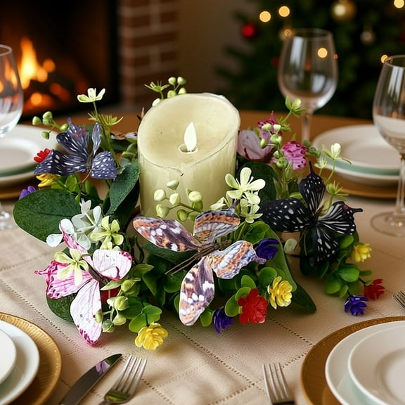 Artificial Eucalyptus Butterfly Candle Ring Wreath, Holiday Table Centerpiece, Faux Greenery Candle Holder for Party or Home Decor