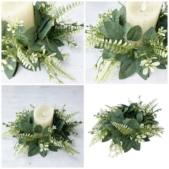 Artificial Green Candle Ring Wreath 9.84 Inch, Leaves Greenery Garland for Pillar Candles, Spring Wedding Decor, Home Table Centerpiece, Year Round Party Decoration