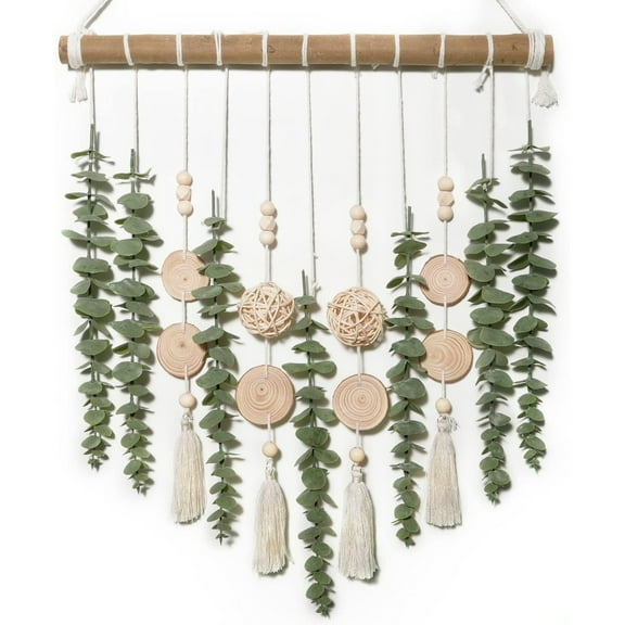 Artificial Eucalyptus Decor Boho Wall Decor Fake Eucalyptus Farmhouse Wall Hanging Greenery Vines Leaves Wall Hanging Plants on 16.5 inch Wooden Stick with Wicker Ball for Bedroom Nursery Kitchen