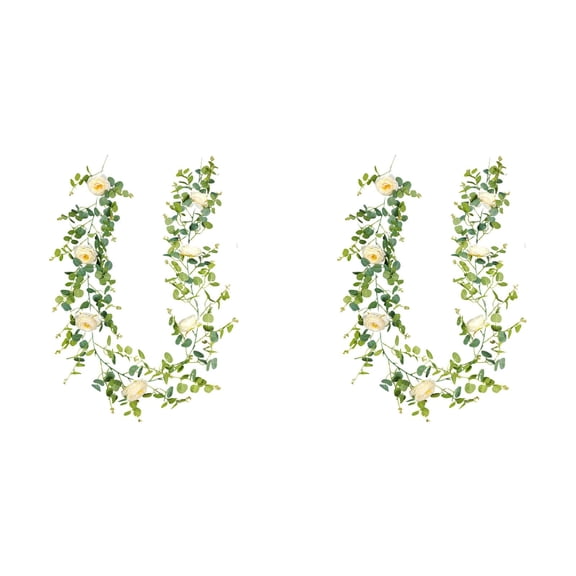 Artificial Eucalyptus Garland 6.5ft Rose Vine with Champagne Roses and Eucalyptus Leaves for Wedding Table Arch Backdrop Home Party Decorations Centerpiece Event Design