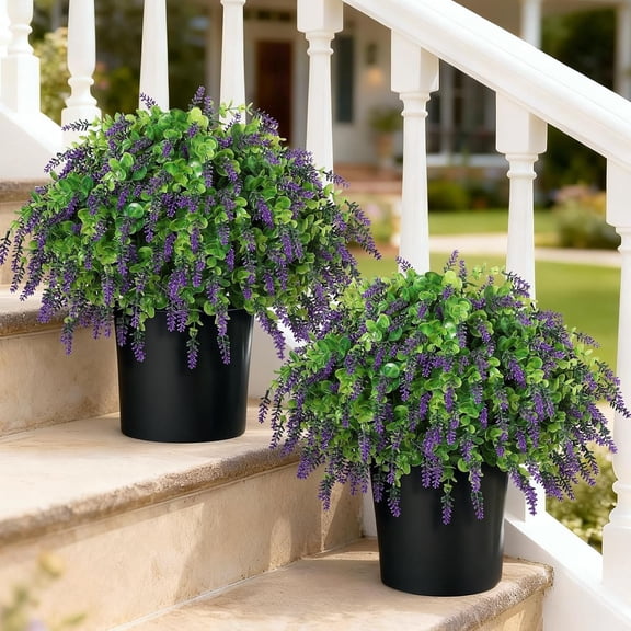 Artificial Eucalyptus & Lavender Topiary Ball Tree for Front Door - Set of 2 Topiary Trees with Pots, UV Resistant Faux Bushes Potted Plants for Porch Garden Farmhouse Outdoor Decoration