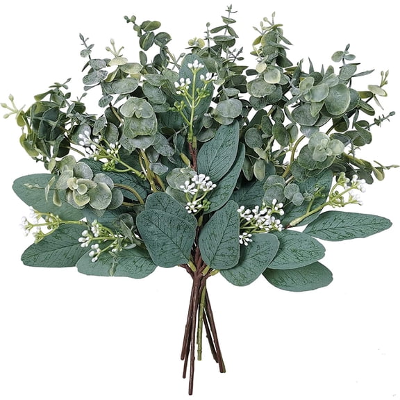 Artificial Eucalyptus Leaves Sprays Faux Oval Eucalyptus with White Seeds Stems for Bouquets Arrangement Wedding (10pcs)