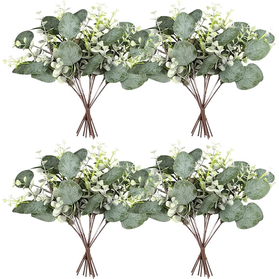 Artificial Eucalyptus Stems 24PCS Mixed Eucalyptus Greenery Stems Silver Dollar Leaves with White Seeds Green Plants Wedding Bouquet Green Decor Flower Arrangement (Mixed Round Leaves)