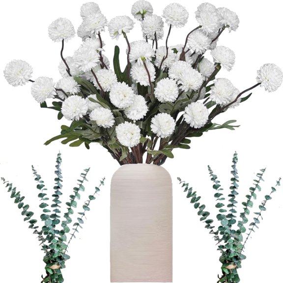 Artificial Eucalyptus Stems and Faux Chrysanthemum Flowers 6 Stems Artificial Mum Flower with 10 Branches Eucalyptus Stems for Wedding Bouquet Home Office Party Floral Arrangements