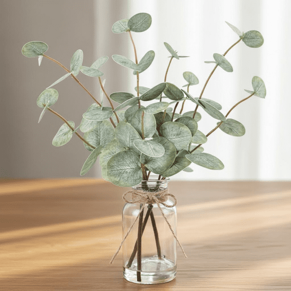 Artificial Eucalyptus Stems in Glass Vase with Faux Water, 13.5" Fake Plants for Home Decor, Coffee Table Centerpieces, Office, Bathroom & Farmhouse Wedding Decorations
