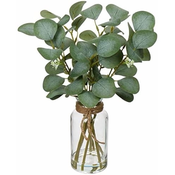 Artificial Eucalyptus Stems in Glass Vase with Faux Water, 14" Fake Plant Eucalyptus Leaves for Home Bathroom Office Farmhouse Wedding Centerpiece Décor