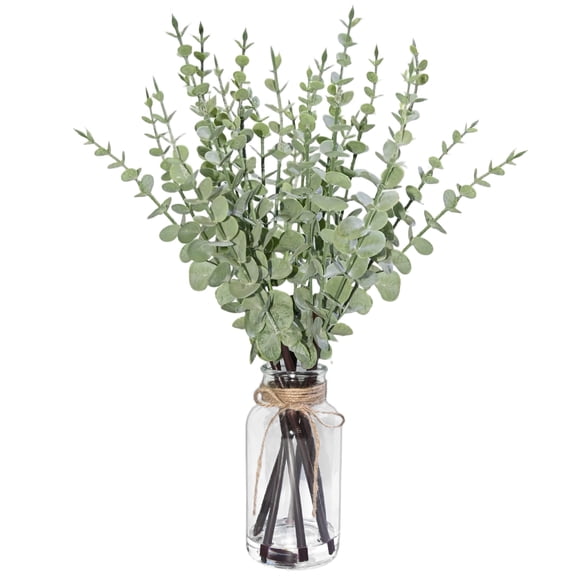Artificial Eucalyptus Stems in Glass Vase with Faux Water, 16” Fake Plants with Vase for Home Decor, Coffee Table Centerpieces, Office, Bathroom Faux Greenery Plants Decorations