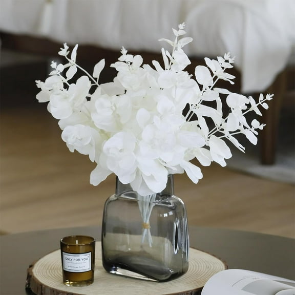 Artificial Eucalyptus Stems, Silk Flowers for Home Halloween Farmhouse Decor (White, 6)