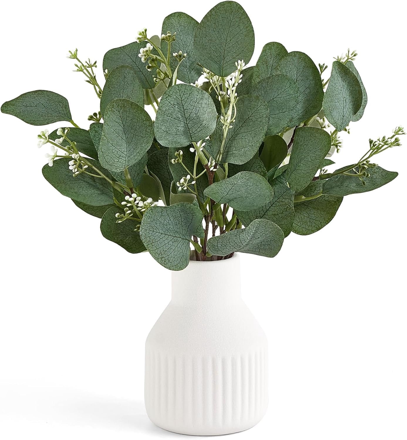 Artificial Eucalyptus Stems in Small Ceramic Vase Centerpiece Table Decorations Modern Farmhouse Decor Fake Eucalyptus Plants with Vase for Bathroom Kitchen Shelf Living Room Home Decor, White