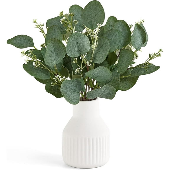 Artificial Euc Stems in Small Ceramic Vase Centerpiece Table Decorations Modern Farmhouse Decor Fake Plants with for Bathroom Kitchen Shelf Living Room Home Decor, White