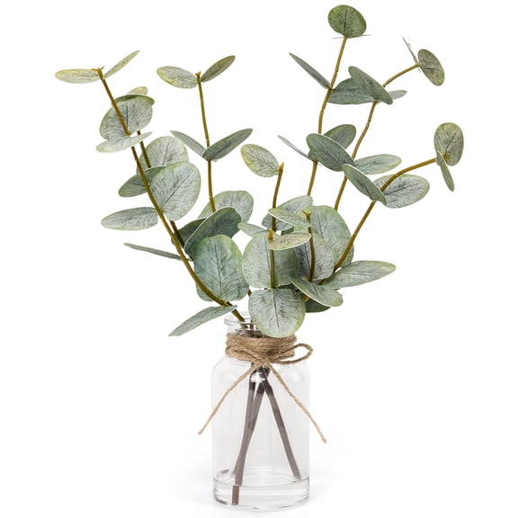 Scidweet Artificial Eucalyptus Plants, 13.7”Faux Fake Eucalyptus Stems Plants in Glass Vase with Faux Water for Kitchen Bathroom Office Home Decor