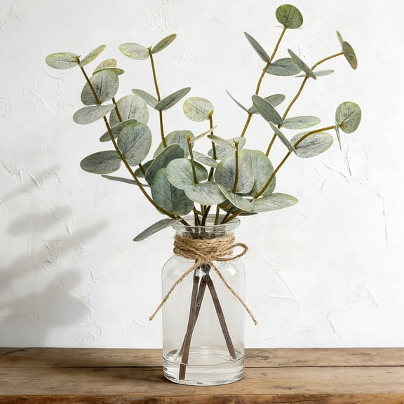 Scidweet Artificial Eucalyptus Plants, 13.7”Faux Fake Eucalyptus Stems Plants in Glass Vase with Faux Water for Kitchen Bathroom Office Home Decor