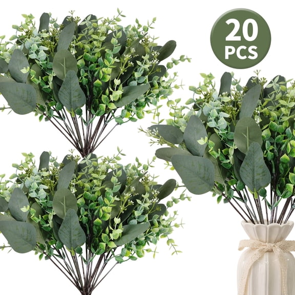 Artificial Eucalyptus Stems with White Seeds - Mixed Oval and Baby Eucalyptus Leaves for Floral Arrangements,20 Pcs
