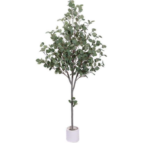 Artificial Eucalyptus Tree, 6FT | Artificial silver dollar leaves, white planter with decorative pebbles, home & office indoor decoration